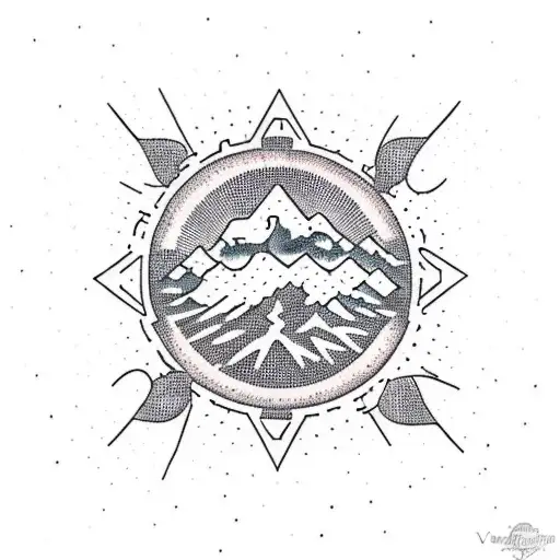 A Dotwork Design Of A Sun Setting Behind A Silhouette Of A Hiker On A Mountain Peak