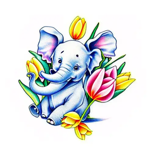 Baby Elephant Sitting Down With Yellow Tulips And Forget Me Nots