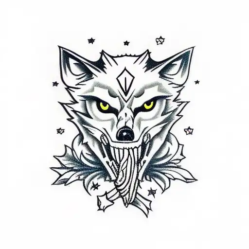 Wolf With Santa Muerte Skull In Mouth
