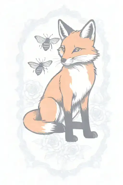 Fox With A Bee On Its Nose In A Colorful Boarder With Marigolds And Rubies