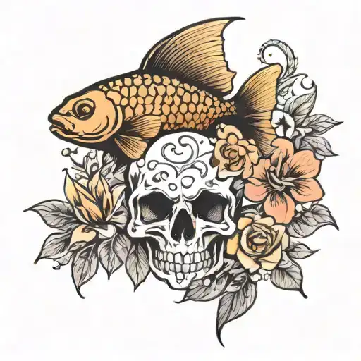 Goldfish With Flowers And Skull Wearing