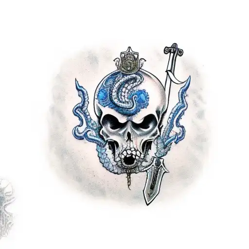 One Blue Eyed Kracken Holding A Sword With Skulls On It