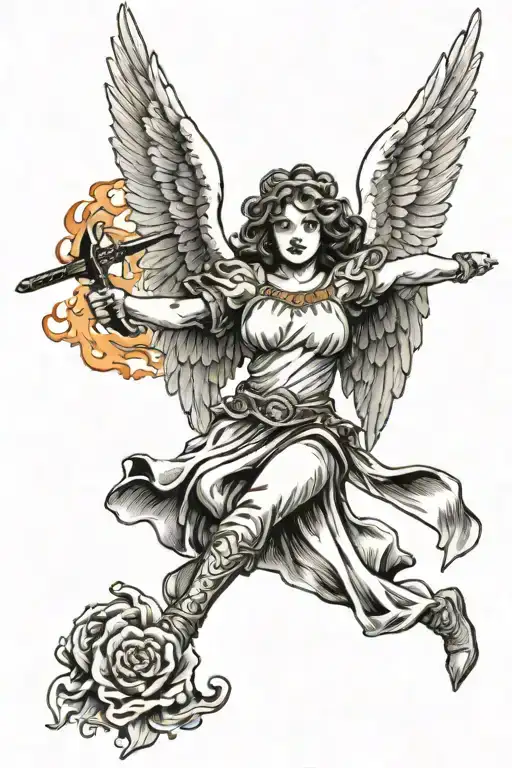A Female Angel With A Flaming Sword Held Above Her Head
