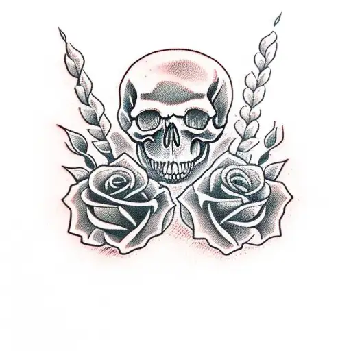 Skull And Roses And 2 Drumsticks Facing The Side