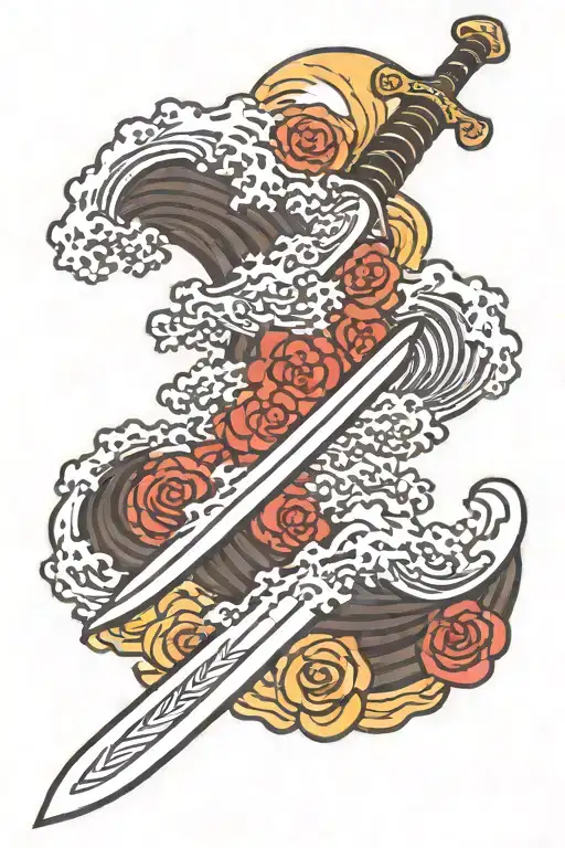 Sword In Front Of A Tsumani Wave Crashing With Cherry Blossoms