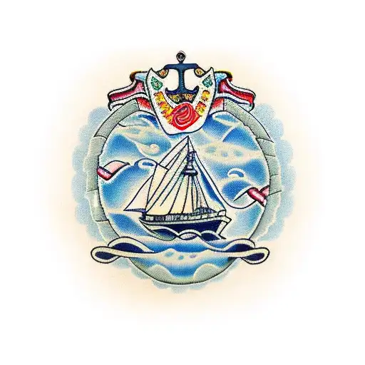 A Navy Ship Sailing On A Sea Of Celtic Patterns