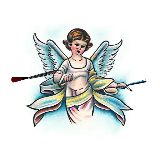 A Traditional-style Angel Holding A Paintbrush And Palette