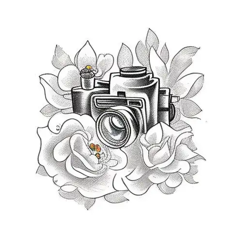 A Traditional Tattoo Featuring A Vintage Camera Surrounded By Beautiful Flowers