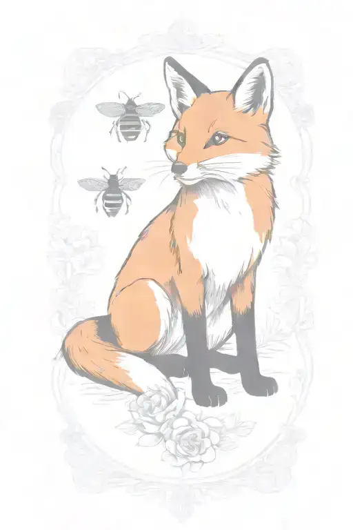 Fox With A Bee On Its Nose In A Boarder With Marigolds And Rubies