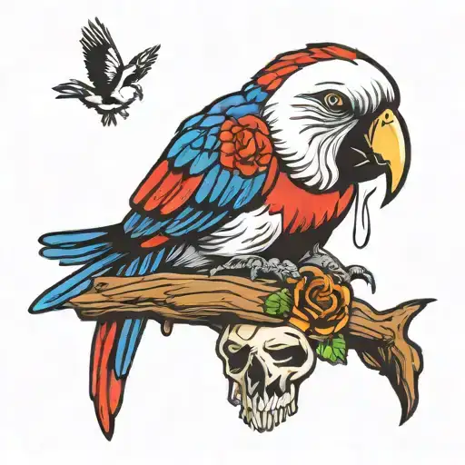 Cartoon Parrot Sitting On A Human Skull