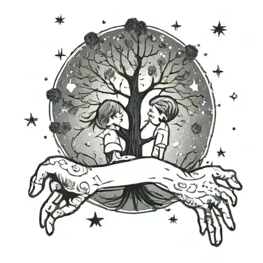 A Child Holding Hands With A Tree In A Starry Night Sky