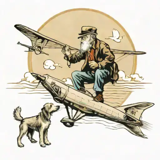 Old Man With Dog Looking At A Far Plane Fly Over The Sea