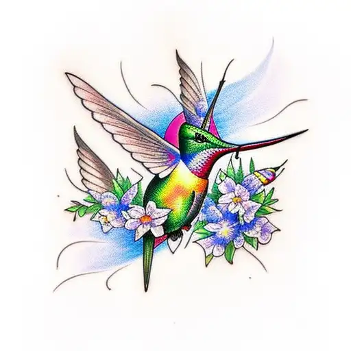 A Traditional Tattoo Of A Larkspur Flower With Hummingbird Wings