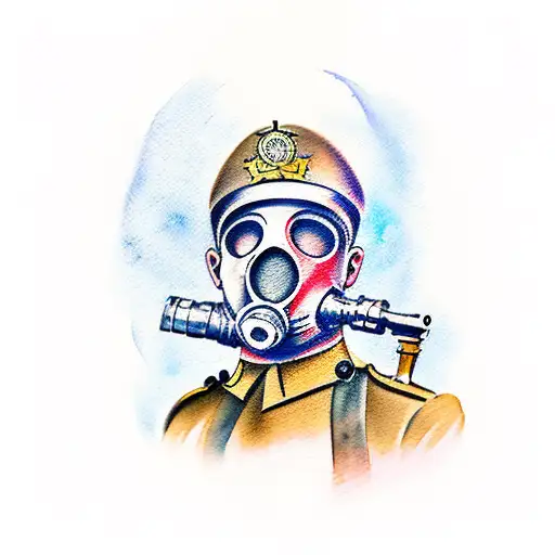 Water Colour Tattoo Of A World War One Soldier Wearing A Gasmask Playing The Cello