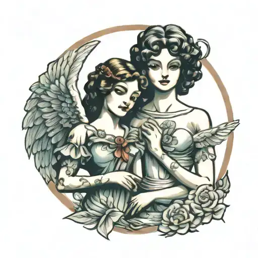 Amor And Psyche Depicted In A Vintage School Book Illustration Style