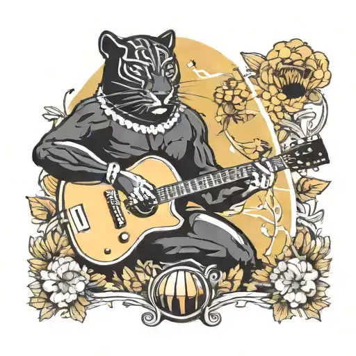 Surrounded By Dandelions There Is A Black Panther Animal Playing A Guitar With A Football Helmet