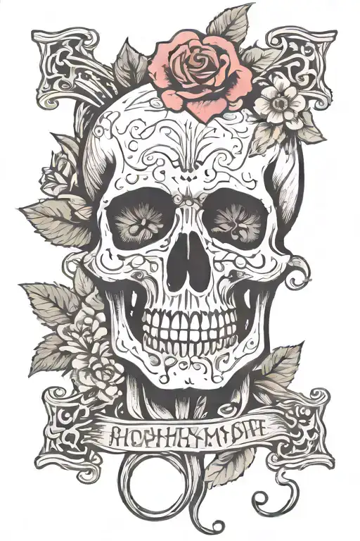 Skull Decorated With Flowers Holding An Hourglass In Its Teeth And The Inscription Momento Mori