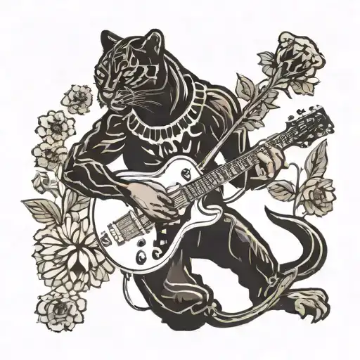 Surrounded By Dandelions There Is A Black Panther Animal Playing A Guitar With A Football Helmet