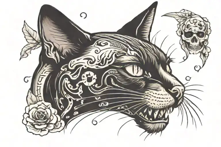 Minimalistic Black Cat With A Cat Skull On The Face And Ribs