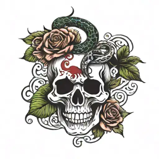 Skull Snake And Roses With Blood