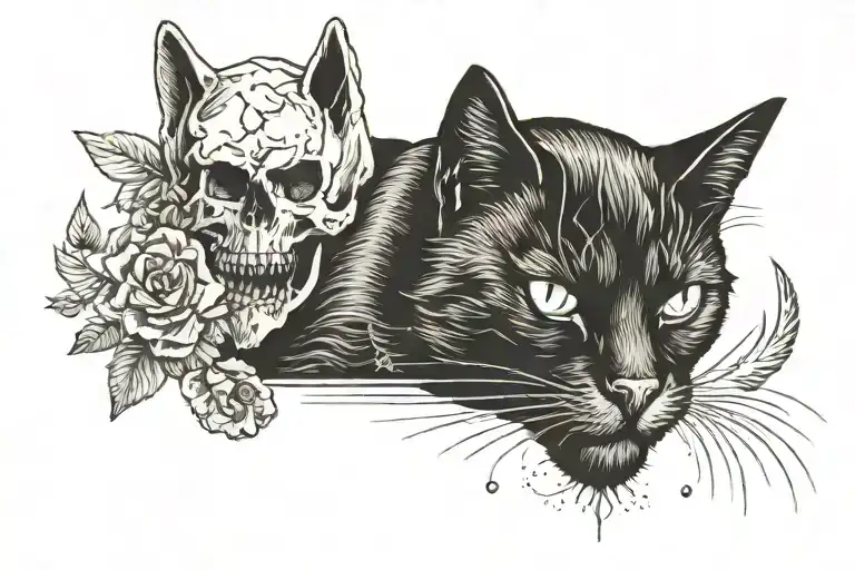 Minimalistic Black Cat With A Cat Skull On The Face And Ribs