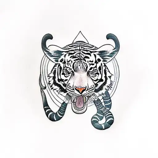 A Traditional-style Tattoo Of A Tiger And An Elephant In A Yoga Pose Together