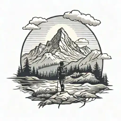 Mountain Scenery With Fog In Between The Mountains And A Female Hiker On A Trail