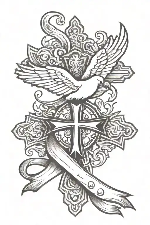 White Dove Cancer Ribbon Cross Surrounded