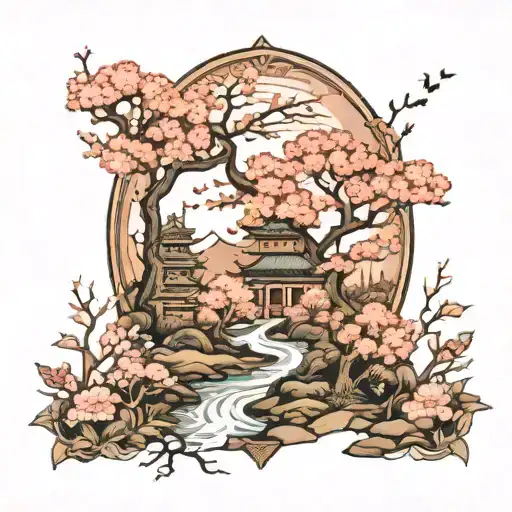 A Magical Forest Scene With Cherry Blossom Trees And Chinese Patterns Woven Into The Landscape