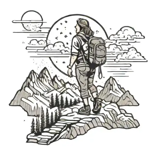 Mountains With Clouds Stars In The Sky Female Hiker On Mountaintrail