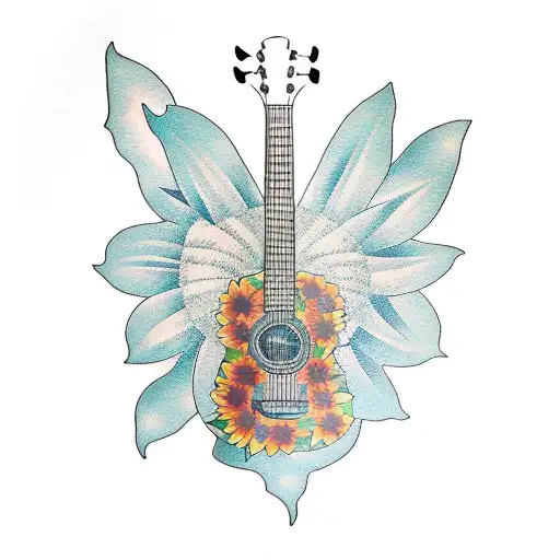 Guitar With Sunflower Through Strings And Butterfly