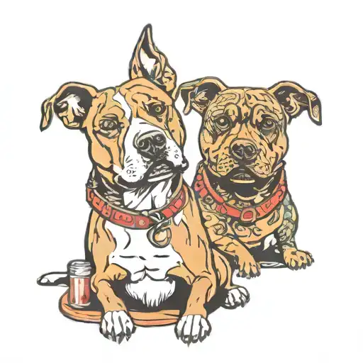 A Traditional Tattoo Of A Pitbull And Rottweiler Enjoying A Car Audio System In A Beer Garden