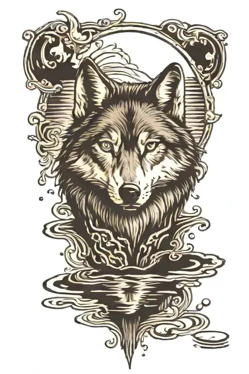 Wolf Looking Into A Puddle Seeing The Reflection