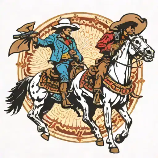 Cowboy With A Pistol And An Indian With A Bow On Horseback