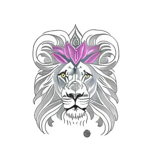 Lion Head Side Profile With Lotus In Mane Extended To Arm Sleeve