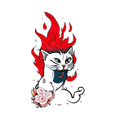 An Angry Cat With Flames And Flowers