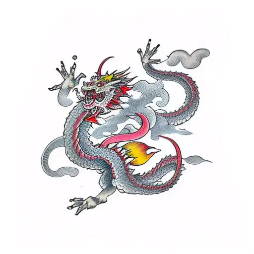 A Traditional Japanese Dragon Wrapping Around A Cherry Blossom Branch