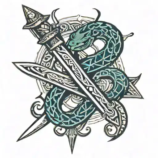 A Tribal Style Tattoo Of A Sword And Snake Intertwined In A Unique Design