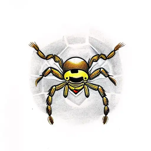 A Traditional-style Tattoo Of A Golden Spider Crawling On A Silver Bullet