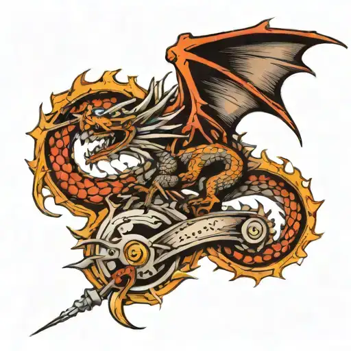 Combine Traditional Art Tools With A Dragon Motif In A Tattoo Design