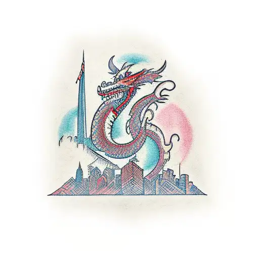 A Traditional-style Tattoo Of The Philadelphia Skyline With A Dragon And A Yorkie Intertwined