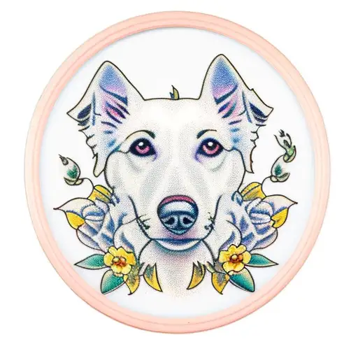 White Dog In Oval Gold Picture Frame Covered In Flowers