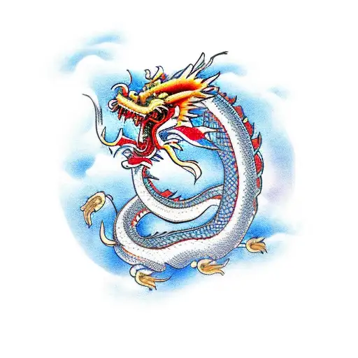 Traditional Chinese Dragon With Koi Fish And Cherry Blossoms