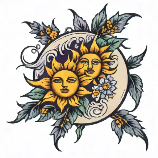 A Traditional Style Tattoo Of A Sun And Moon Embracing With Lavender Flowers Surrounding Them