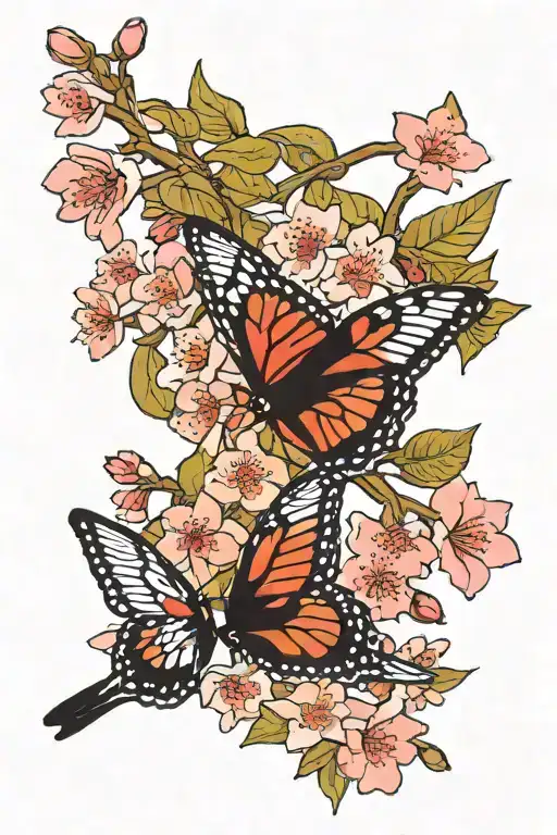 Cherry Blossoms With Monarch And Cardinal Bird Flying