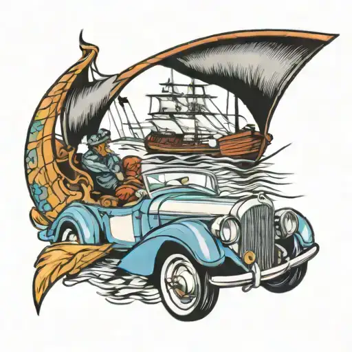 A Traditional Style Tattoo Of A Vintage Car Racing Through A Viking Ship
