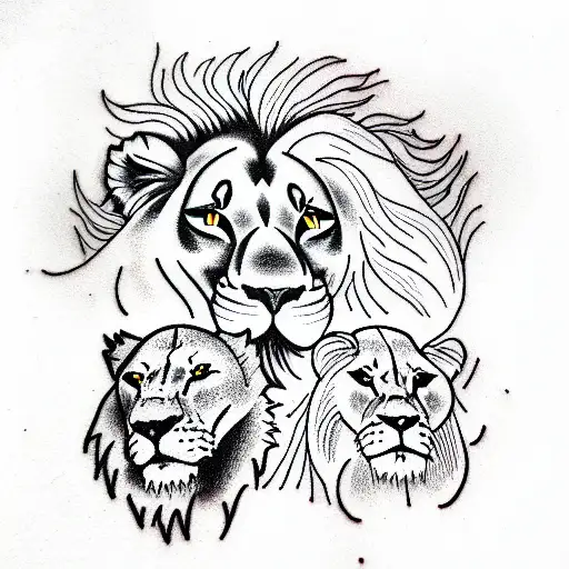 1 Lion With A Mane And 2 Female Lions And A Cub With Mountains And Lightning