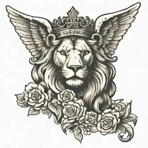 Angel And Lion Head Wearing Crown