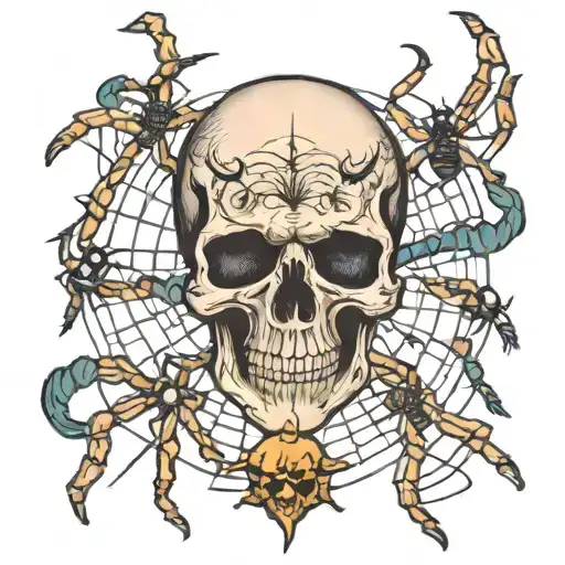 Skull And Spiders Weaving Their Webs Surrounding