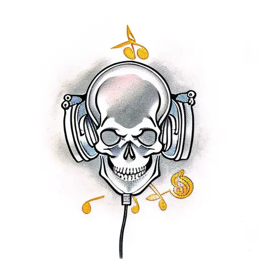 A Traditional Style Tattoo Of A Skull Wearing Headphones And Surrounded By Musical Notes